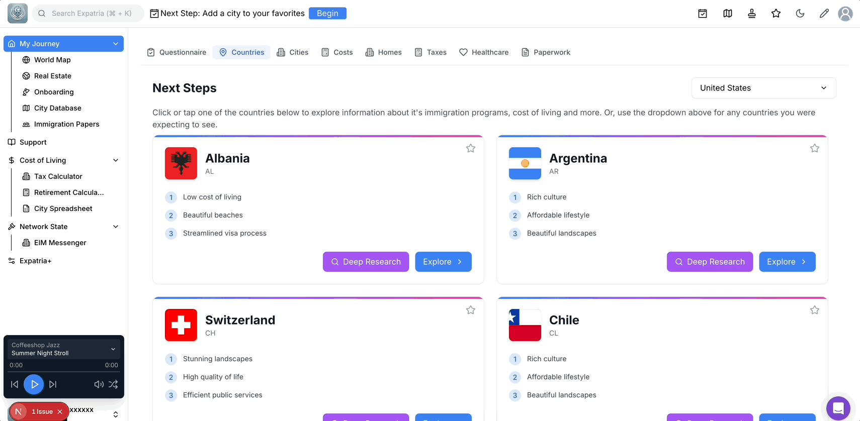 Step 2 - Scroll through a country's immigration programs, tax data, social security, healthcare system, demographics and more.